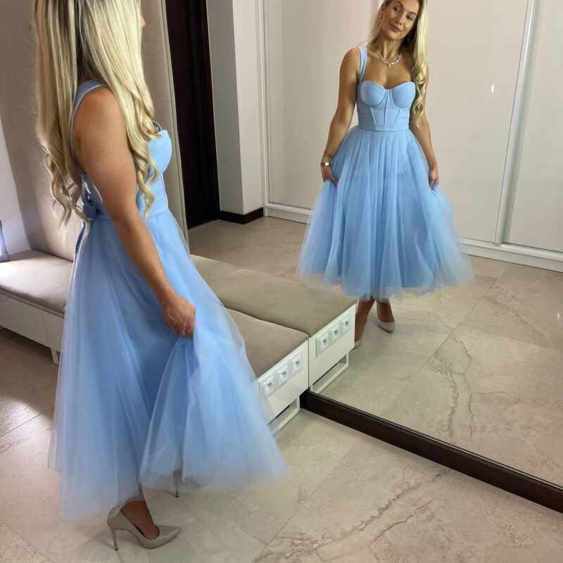 Suknia Elizabeth - pudrowy niebieski, gorsetowa, MIDI