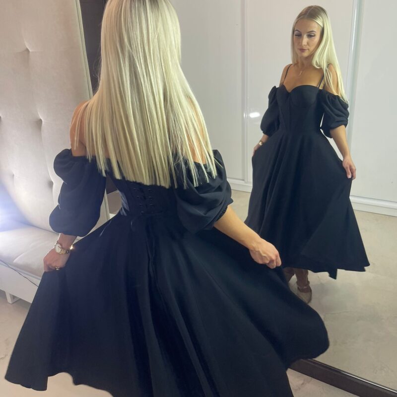 Suknia Luna - czarna, gorsetowa, MIDI