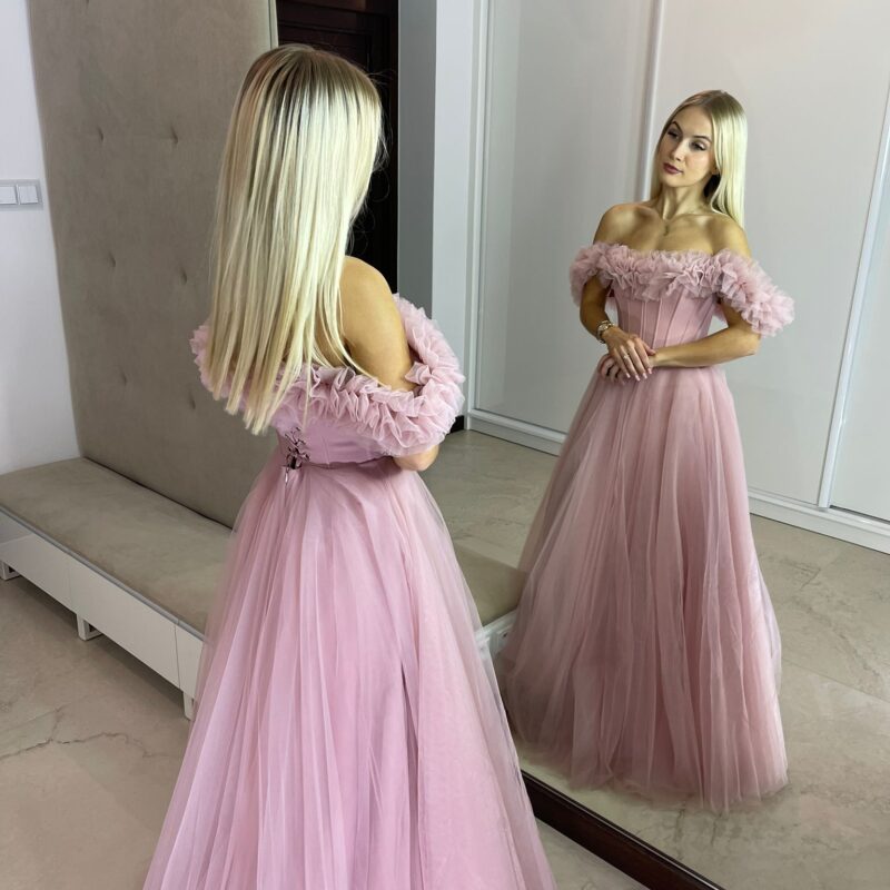 Suknia Rose - pudrowy róż, gorsetowa, MAXI