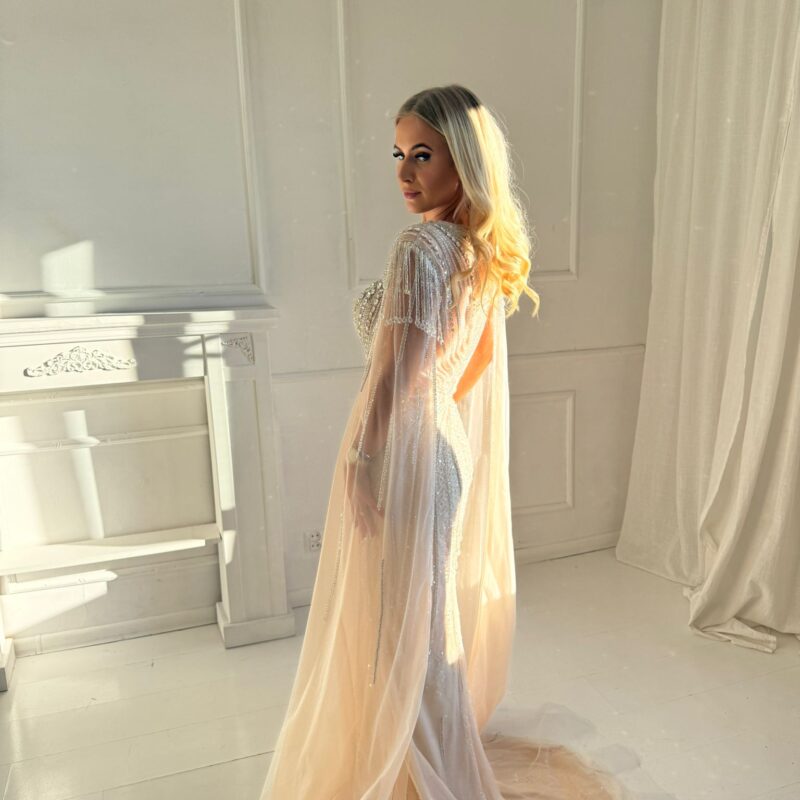 Suknia Aurora Crystal - beżowa, bogato zdobiona, kamienie, kryształy, MAXI