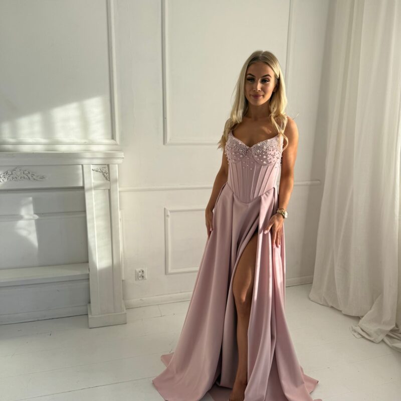 Suknia Amore - pudrowy róż, zdobiona perłami, MAXI