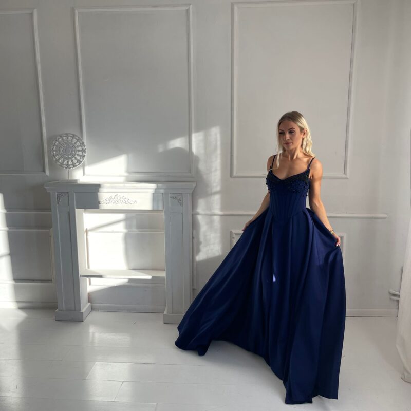 Suknia Amore - granatowe, kobaltowy, zdobiona perłami, MAXI