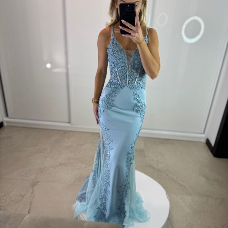 Suknia Aura - błękit, koronkowa, syrenka, dopasowana MAXI