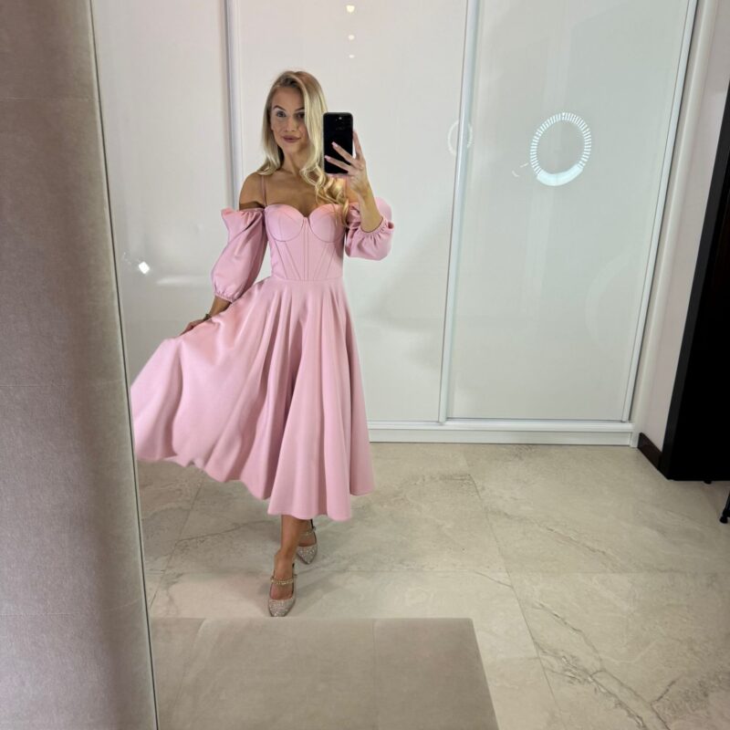 Suknia Luna - pudrowy róż, gorsetowa, MIDI