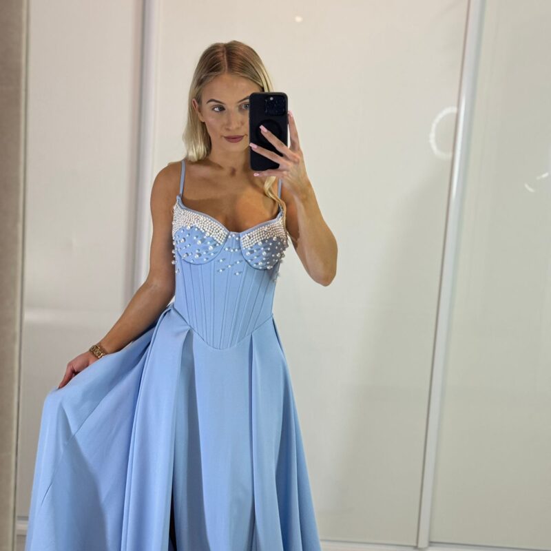 Suknia Amore - błękit, zdobiona perłami, MAXI